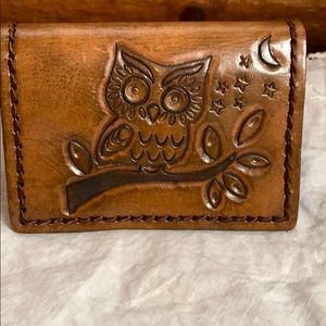 Tooled brown leather minimalist wallet with Owl